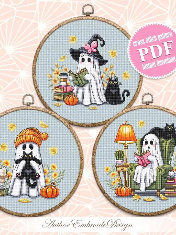 Cute ghost with black cat cross stitch pattern PDF download Set of 3 ghost cross stitch chart Halloween pattern digital PDF Fall leaves #H91
