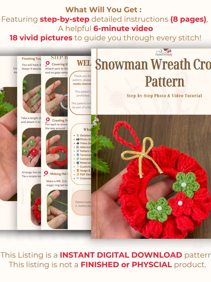 Crochet Ruffled Flower Wreath Pattern, DIY Red Christmas Ornament PDF, Handmade Festive Décor Tutorial, Beginner Holiday Craft Project