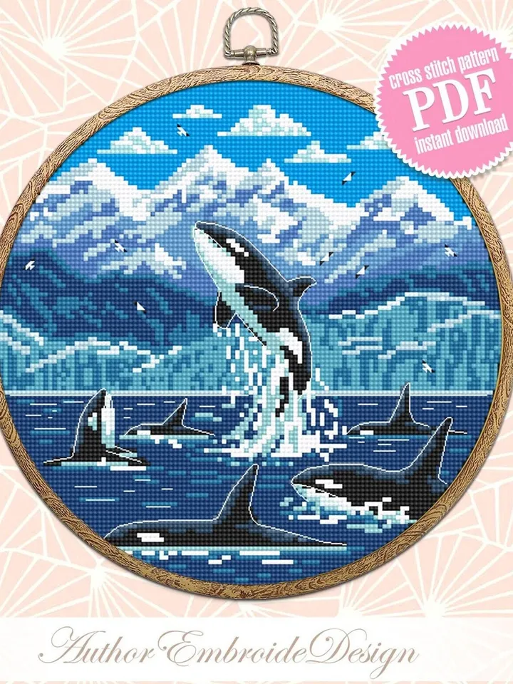 Glacier Bay National Park cross stitch pattern PDF download Killer whale cross stitch chart, Orcas in Alaska, Splashing orca whale art #L71