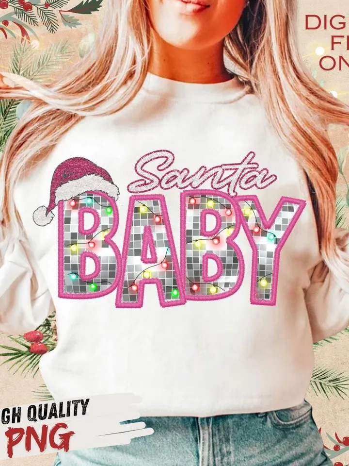Santa Baby Png, Faux Glitter Sequins, Sparkly Christmas Png, Faux Embroidery Letters, Print File, Sublimation Design, Download ONLY