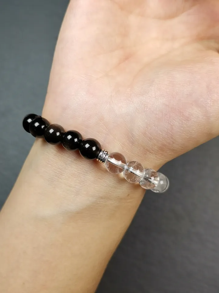 Gandhanra Handmade Tibetan Obsidian + Crystal Wrist Mala, 0.3" Prayer Beads Bracelet,7.5 inches Circumference