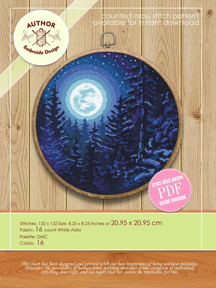 Nature cross stitch pattern download PDF Night landscape embroidery beginners Forest cross stitch Starry night sky Moon cross stitch #L19