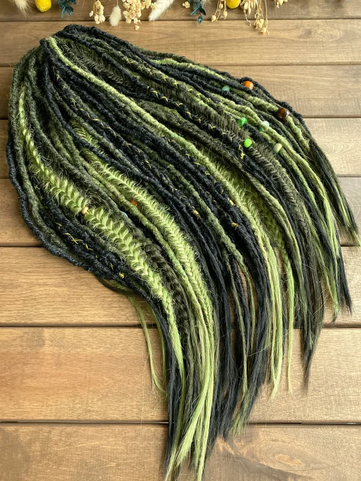 Black and forest green Double Ended Synthetic dreadlocks, ready to ship