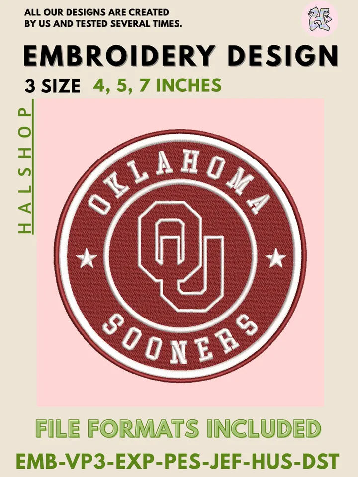 NCAA Oklahoma Sooners Embroidery Design | University of Oklahoma Logo | Machine Embroidery File | Digital Download