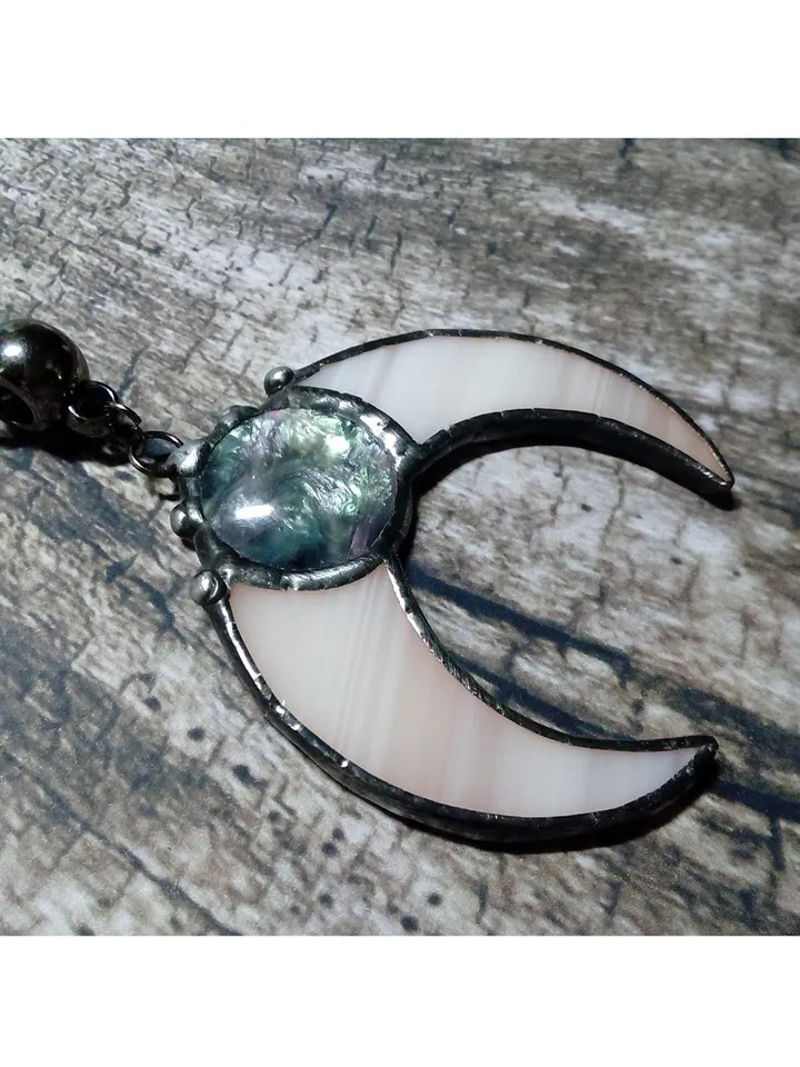 Stained glass moon, Moon crescent, witchy aesthetic, Moon phase necklace, Stainglass crescent
