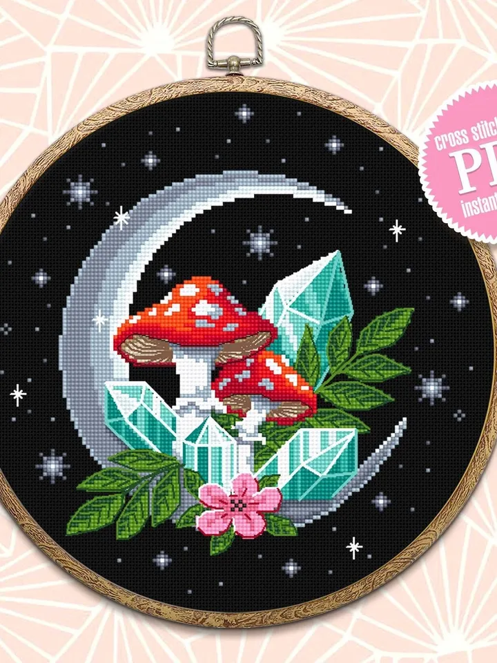Magic mushroom moon cross stitch pattern PDF download Amanita mushroom cross stitch chart, Mystical crystal moon embroidery, Fly agaric #L53