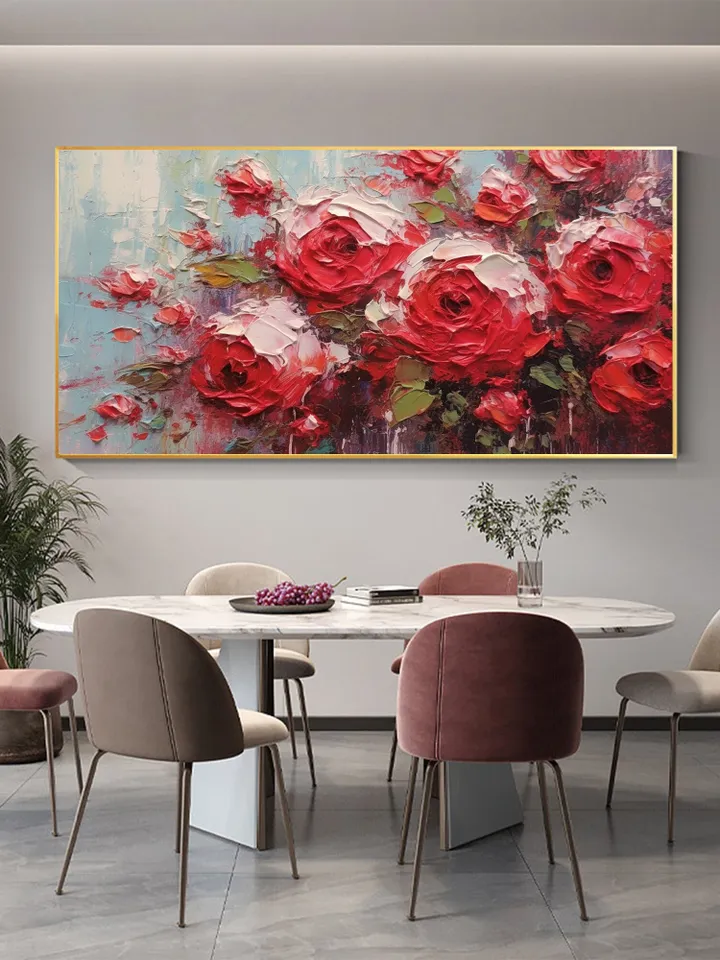 Original Roses Oil Painting On Canvas, Abstract Red Flowers Painting, Large Wall Art, Custom Painting, Living room Wall Decor, Home Decor