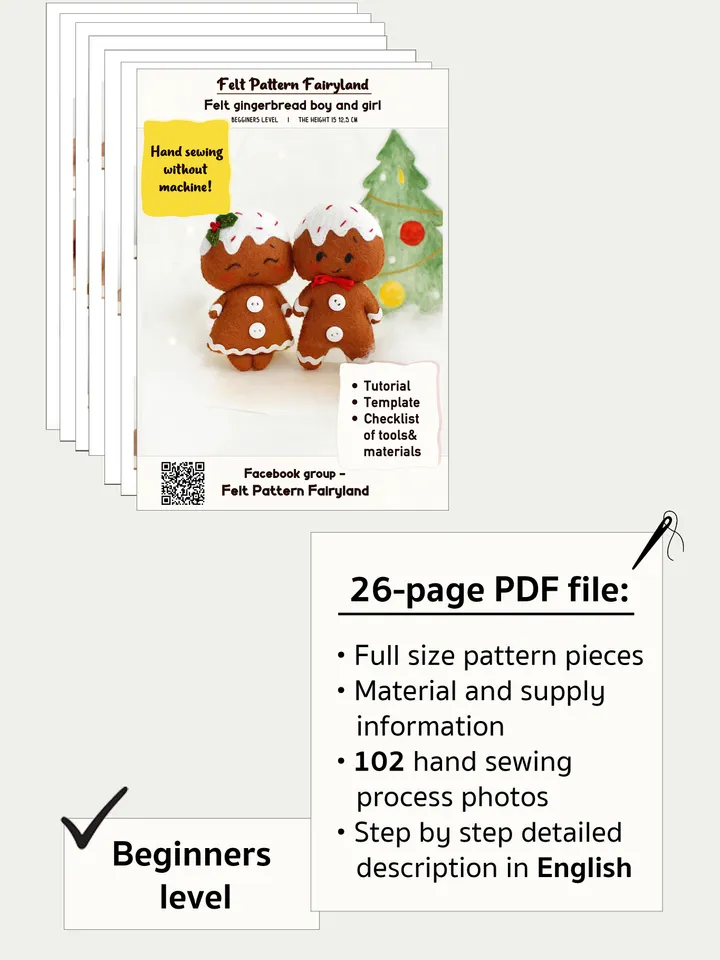 Felt gingerbread boy and girl hand sewing PDF tutorial with patterns. DIY Christmas tree ornaments. Soft toy pattern