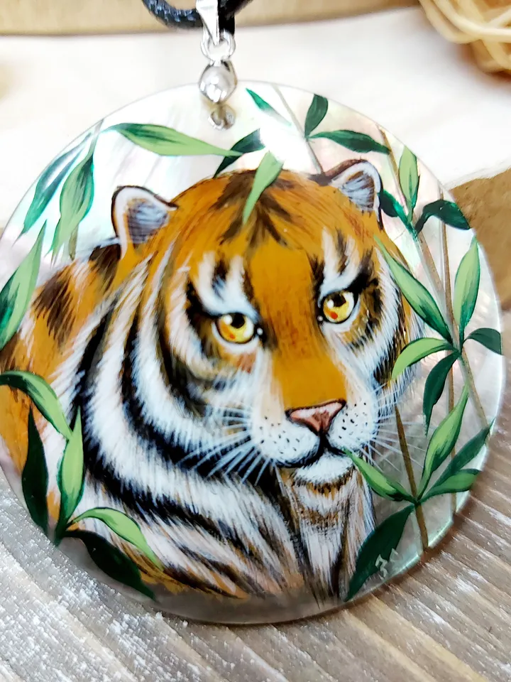 Pendant "Tiger" Mother-of-pearl Hand-painted Summer jewelry Russian jewelry magic of painting fine art jewelry Fedoskino Gift Collectible