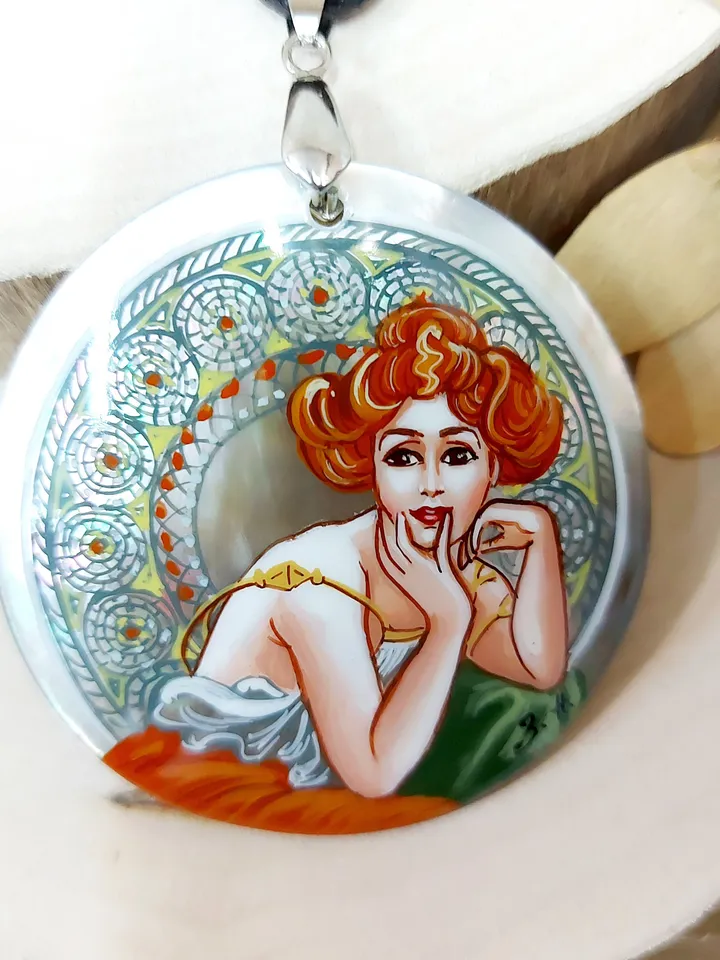 Pendant Alphonse Mucha Dream. Mother-of-pearl Hand-painted Russian jewelry magic of painting fine art jewelry Art gift Fedoskino Collectible
