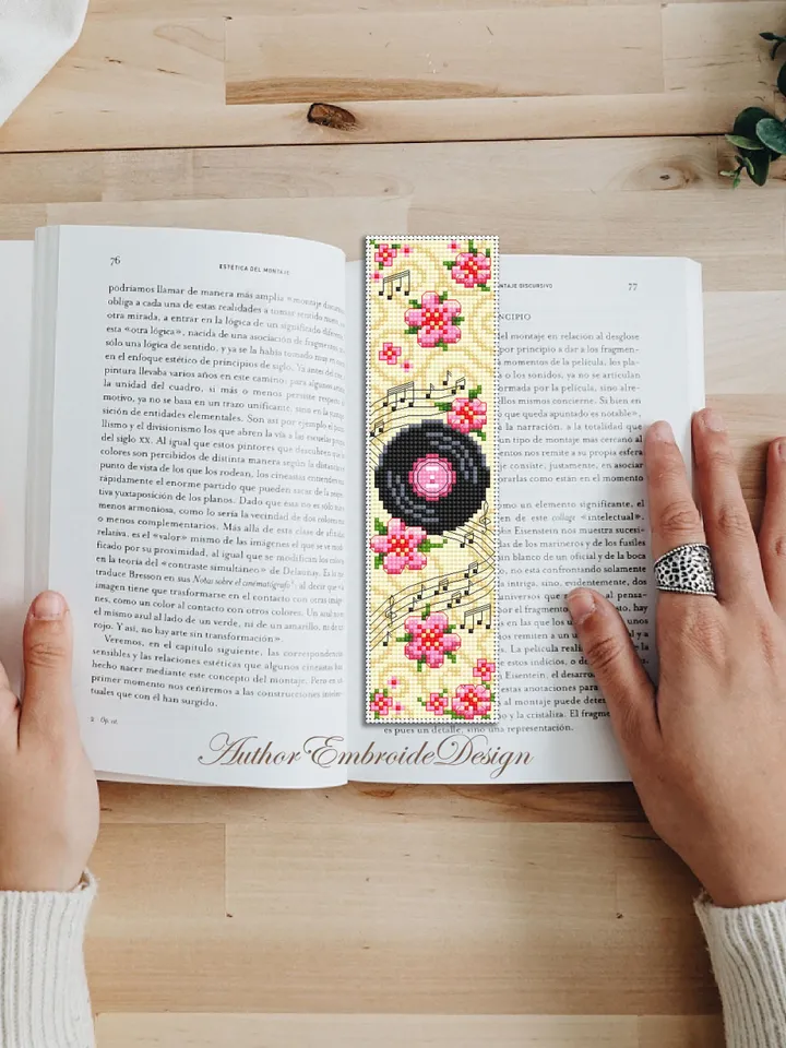 Music bookmark cross stitch pattern PDF download Retro vinyl record cross stitch chart, Flower bookmark pattern digital, Music notes #B409
