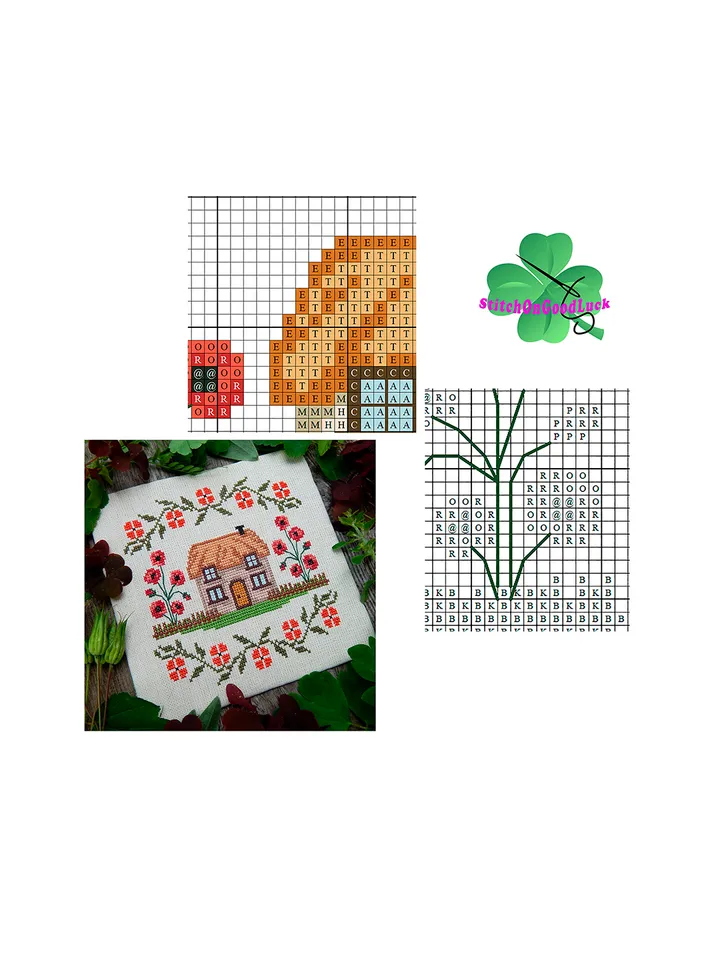 Poppy Cottage cross stitch pattern