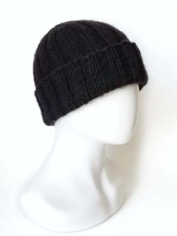 Handcrafted Black Men's Merino Wool Ribbed Beanie: Exceptionally Warm Hand-Knitted Winter Hat in Luxurious Soft Yarn. FREE SHIPPING!