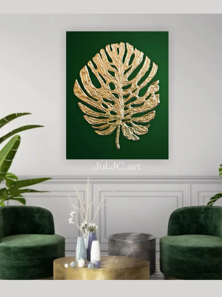 Gold Monstera Leaf Wall Art Green and Gold Abstract Painting Original artwork Modern wall decor