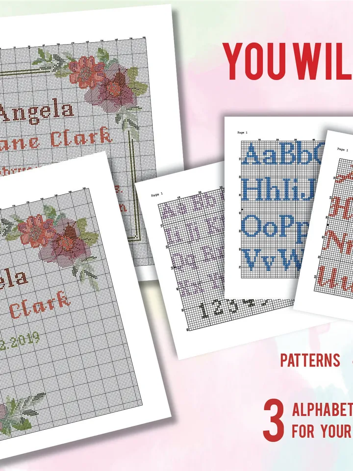 Floral Frame Bundle Birth announcement cross stitch pattern baby boy girl nursery decor counted chart gift DIY, embroidery, instant PDF