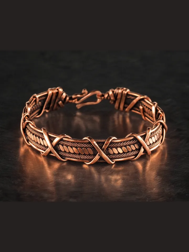 Wire wrapped bracelet, Unique 7th 22nd Anniversary gift idea, Art Nouveau antique style, One of kind braided statement bangle, Handmade oxidized pure copper jewelry, Pain relief, EMF protection
