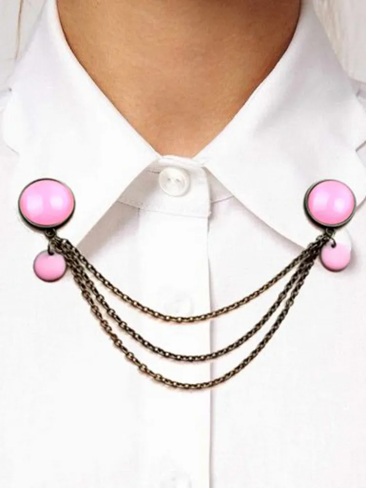 Pink Brooch with charm, Pink Collar Pin with chain