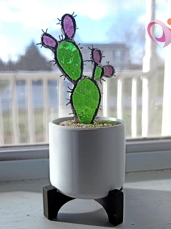 Real Stained Glass Prickly Pear Cactus Suncatcher in Cute Pot for Small Windowsill Paddle Cactus Gift for Plant Lovers No Kill Succulent