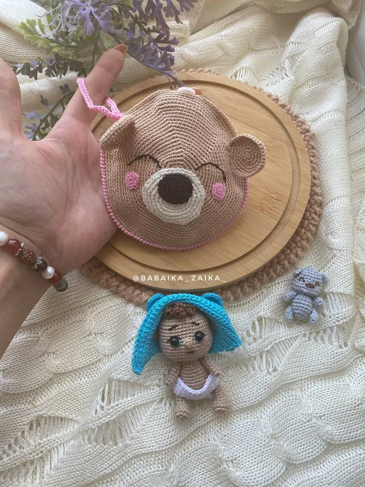 PDF Crochet Baby Doll in the wallet Pattern, Amigurumi bag, Crochet baby pattern, Amigurumi doll pattern, crochet Teddy Bear Pattern