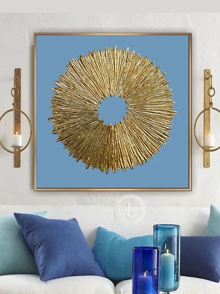 Gold and Blue Abstract Painting Textured artwork Sunburst Original Art Gold Sun painting on canvas | Above couch decor