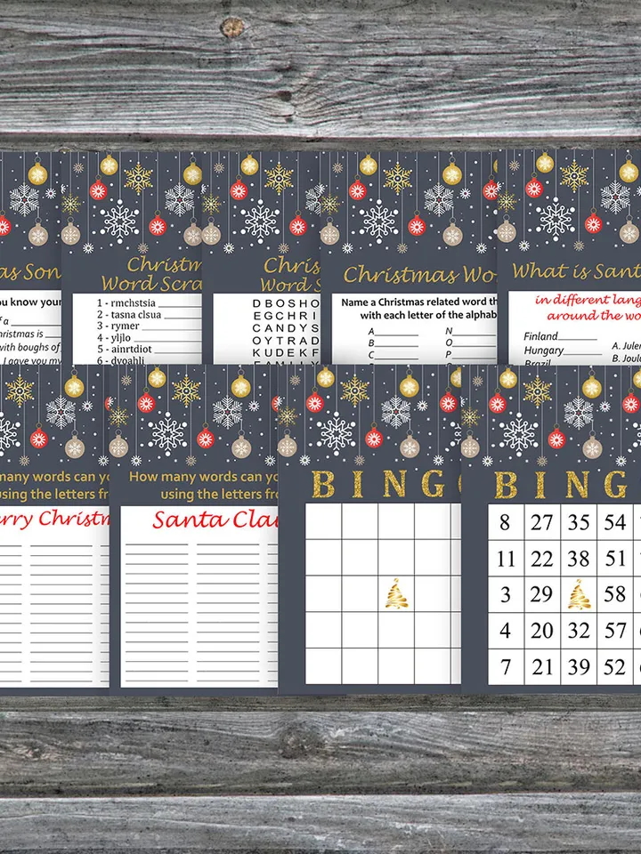 Christmas party games bundle,Printable Christmas Party Game Pack,Golden snowflakes and toys Christmas Trivia Game Cards