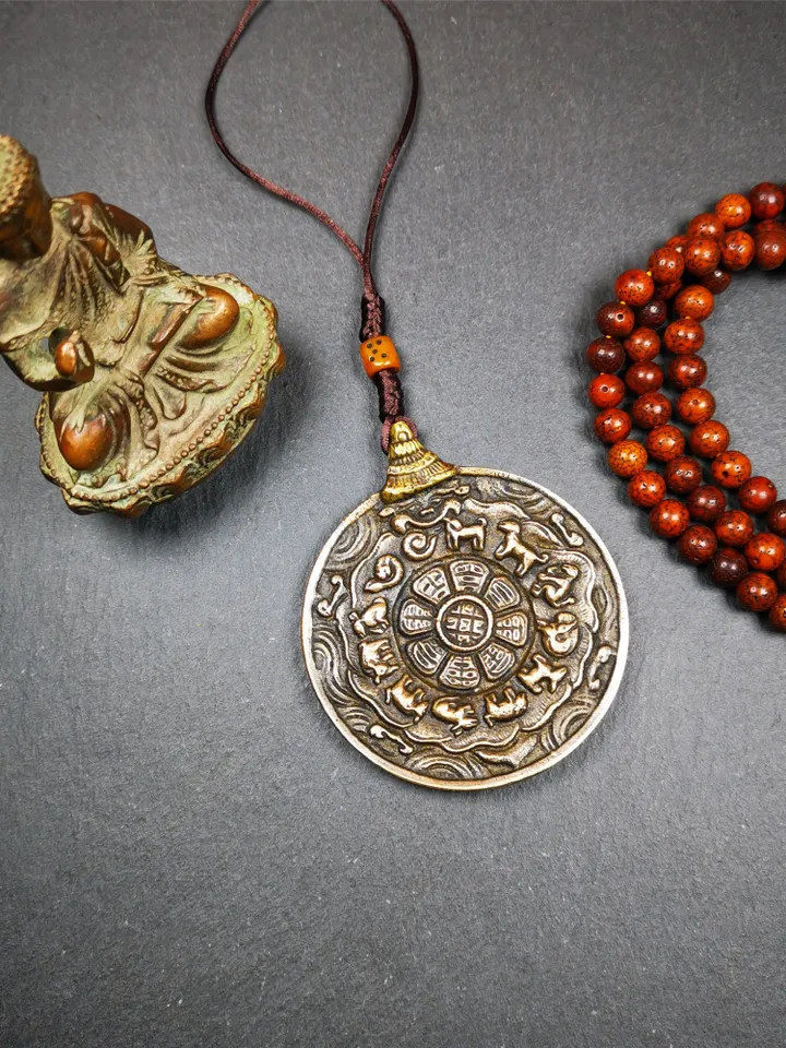 Gandhanra Vintage Tibetan Buddhist Amulet,Melong Mirror, SIPAHO(srid pa ho),Jiugong Bagua Badge,made of Lima Brass,2.48"