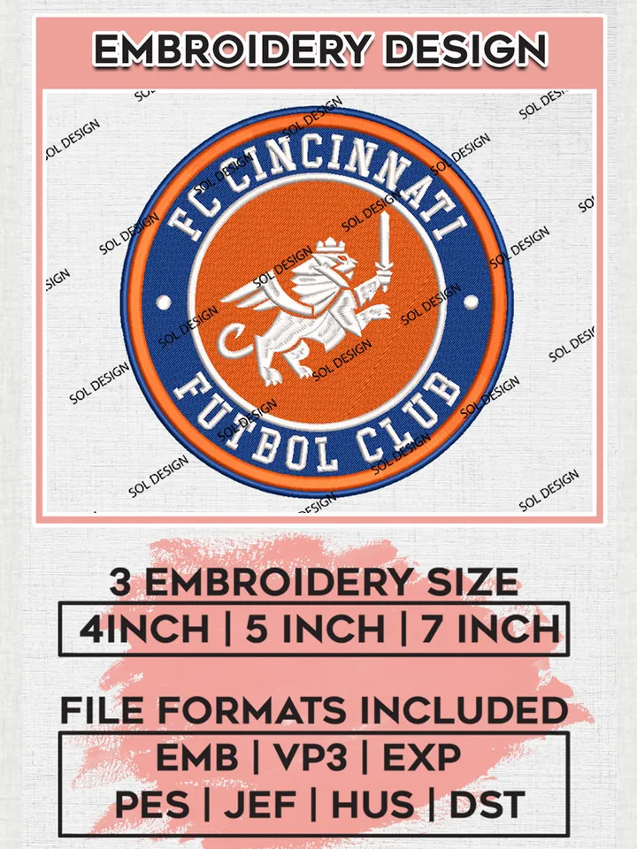 FC Cincinnati Football Club Team Logo Embroidery Design, MLS FC Cincinnati Logo Embroidery Files, Soccer Team Machine Embroidery, Machine Embroidery Design