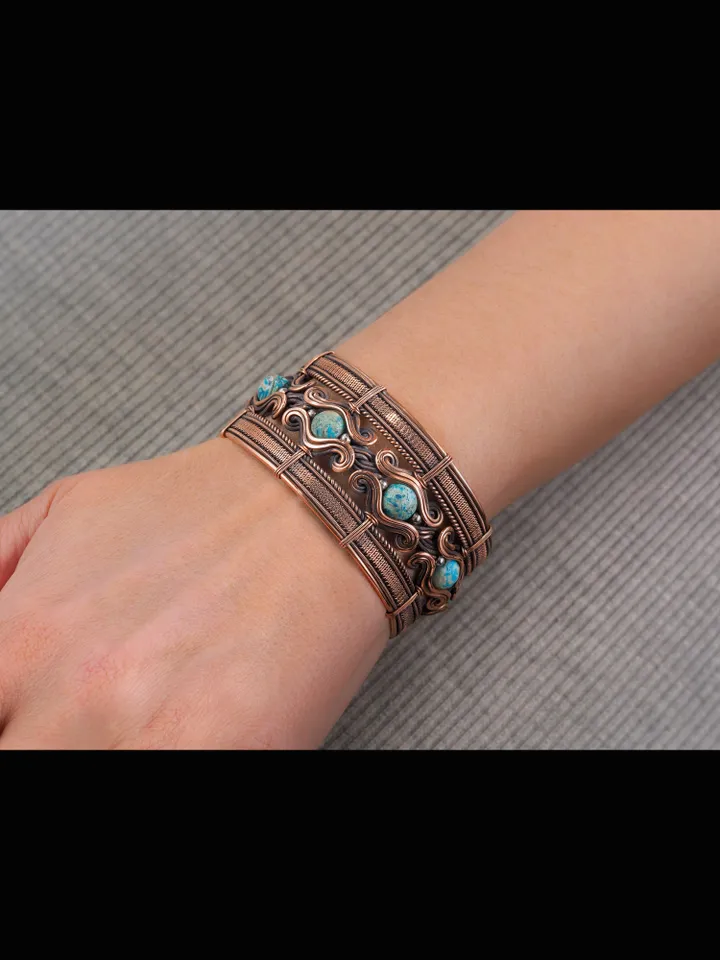 Copper wire wrapped bracelet with chrysocolla for lady Antique style WireWrapArt