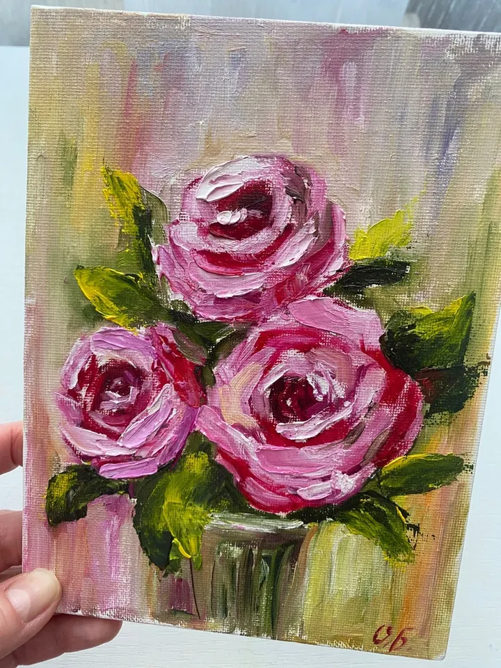 Mini oil painting "Roses" impasto - a unique gift