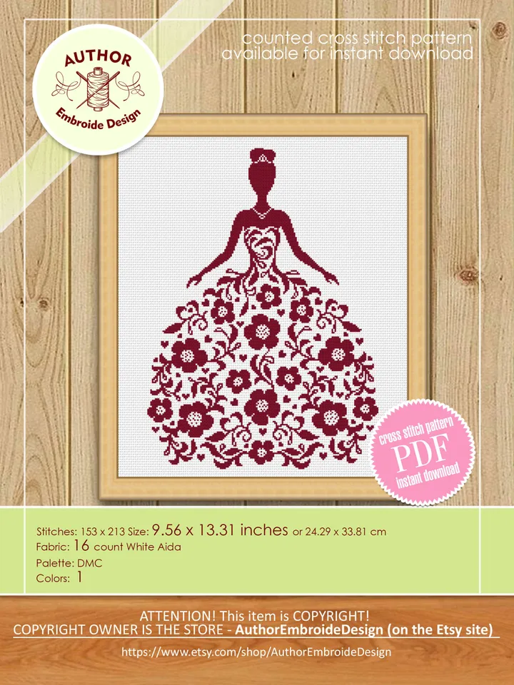 Wedding Dress cross stitch pattern download PDF Silhouette bride cross stitch, Flower dress, Monochrome cross stitch mandala dress #M194