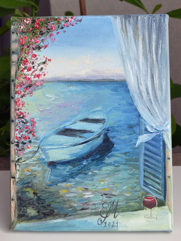 Boat Oil Painting Seascape Painting Original Painting Boats Art Beach Landscape Paintinting Sea in Window Art Oil Painting 7 by 9.5