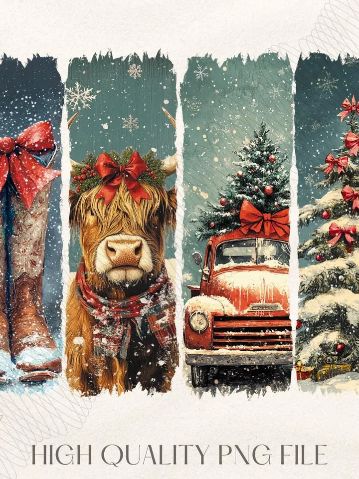 Vintage small town christmas PNG, Cowgirl Png, Small town girl Christmas PNG, highland cow Christmas png, Christmas western png