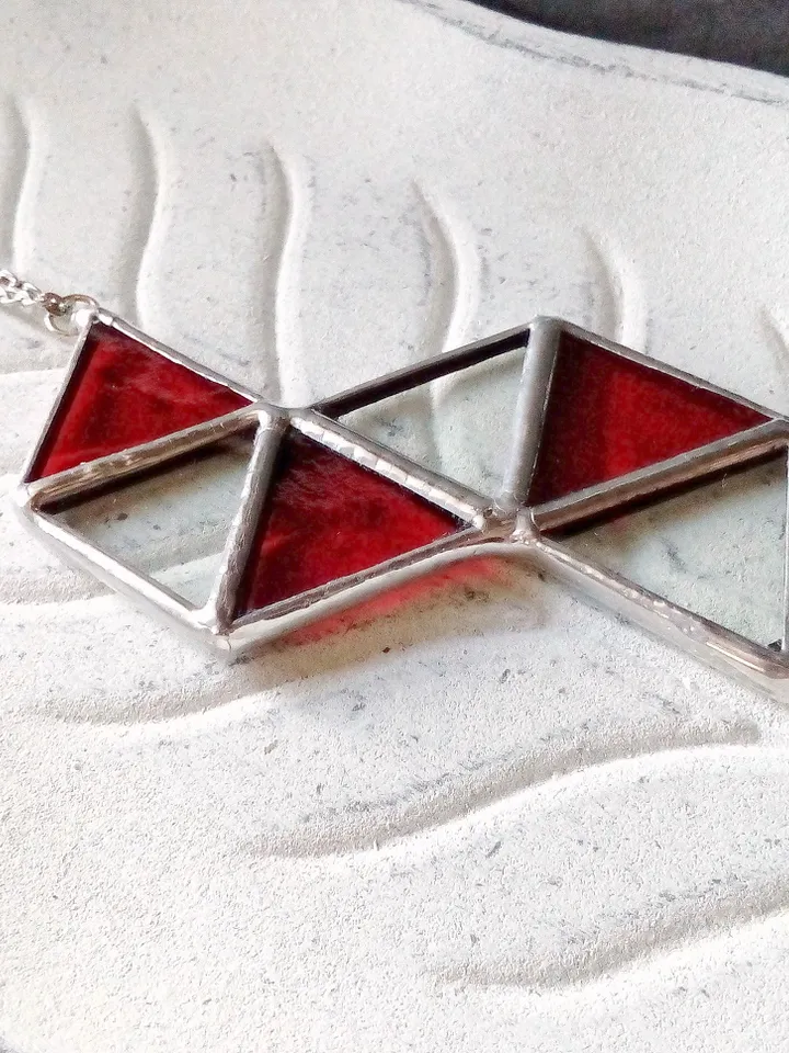 Glass geometric pendant, Origami Red necklace, triangular necklace, stained glass cute necklace