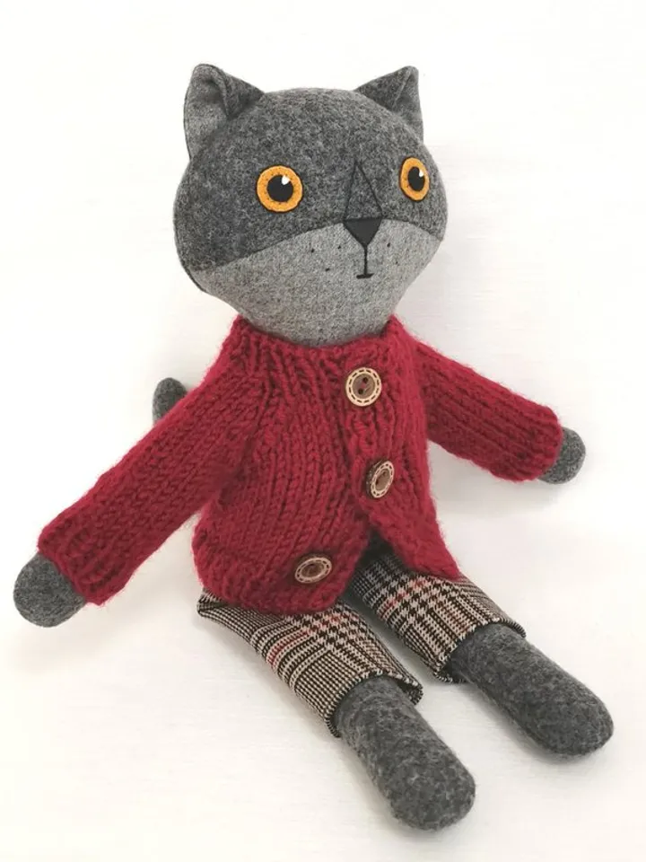 Gray cat boy, kitten wool plush toy, handmade textile stuffed cat