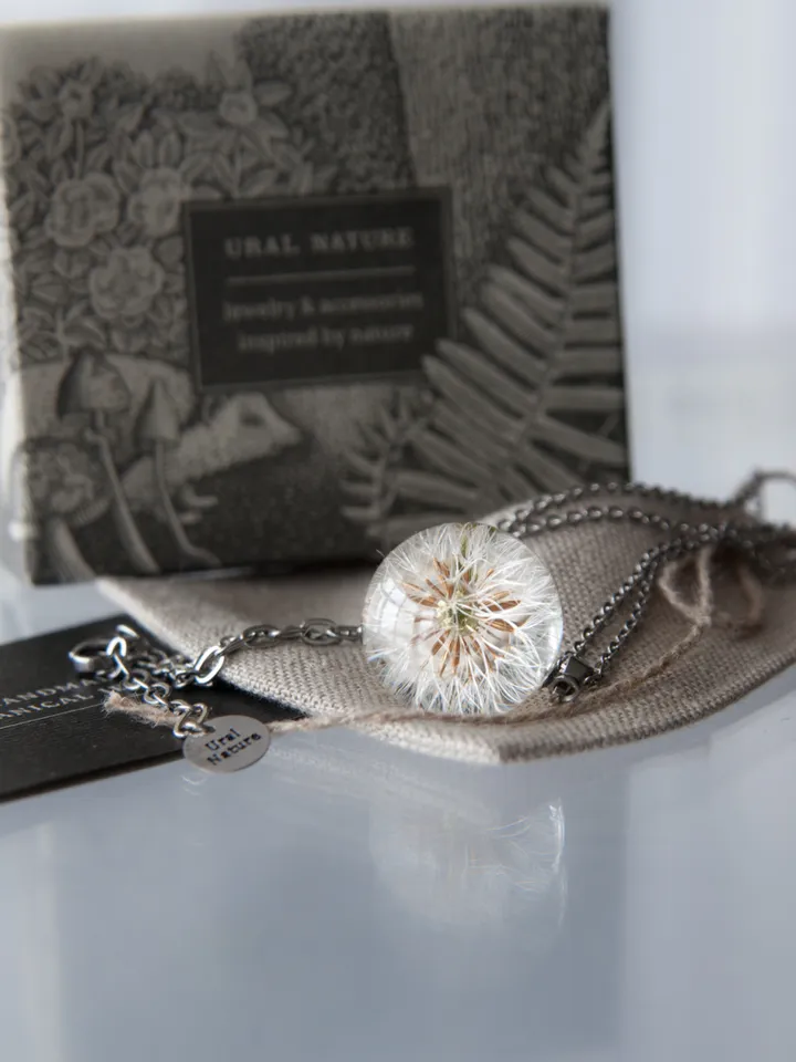 Small Dandelion - wishing necklace. Crystal clear resin globe pendant with natural dandelion flower. Make a wish sphere