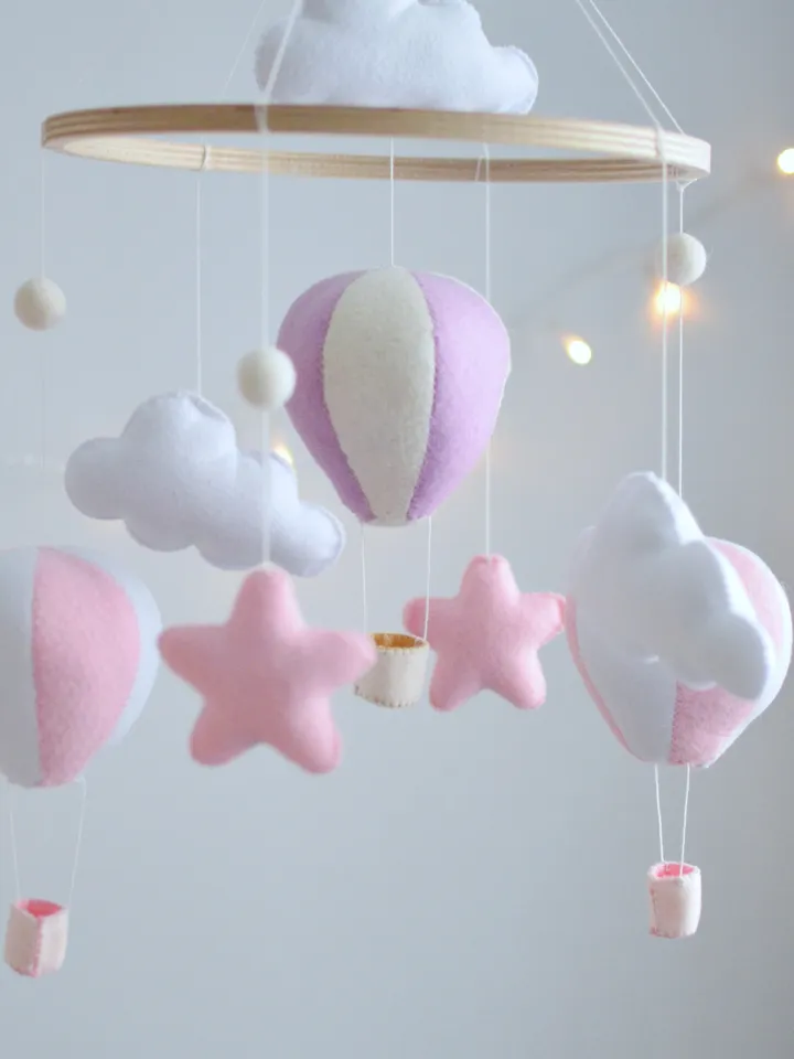 Hand sewn  baby mobile for nursery decor with Hot air balloons,clouds and stars