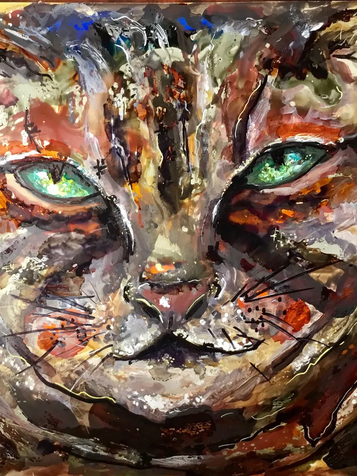 Moody cat,mix media watercolour and alcohol inks painting on yupo paper,original one of a kind,kids room decoration,for cat lovers.