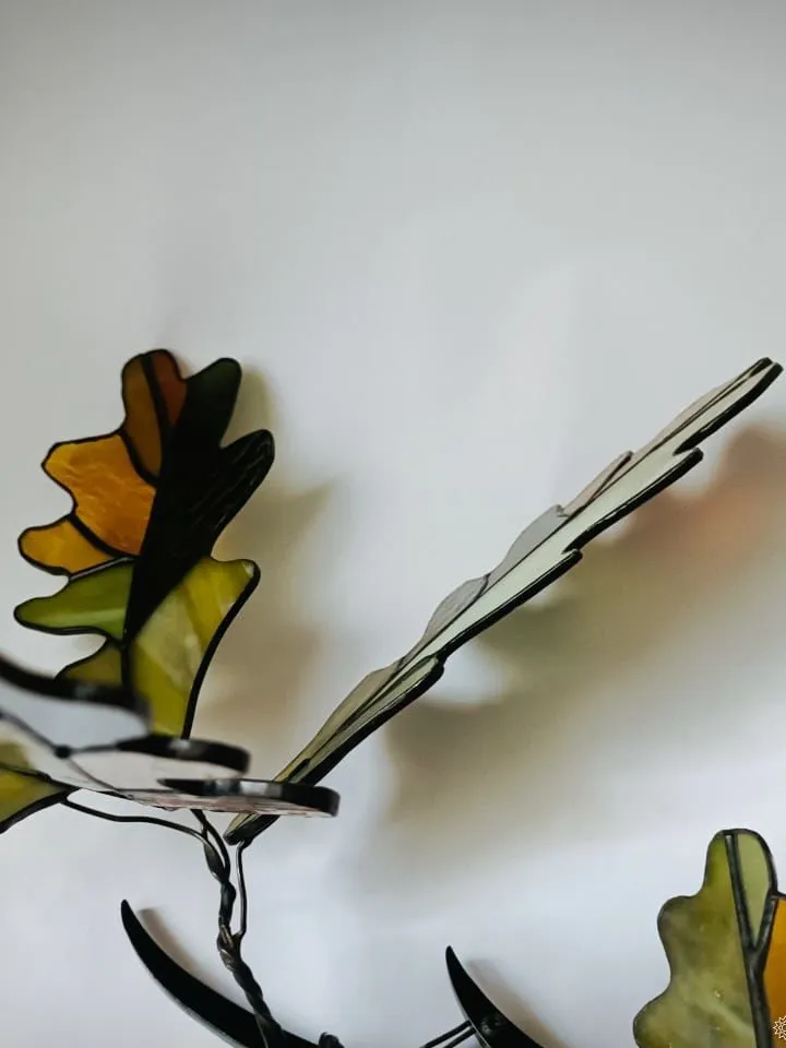 Stained Glass: Oak Twig. Tiffany Technique, Oak Branch. Tiffany-Style Stained Glass, Tiffany Stained Glass: Oak Leaf Branch, Tiffany-Style Stained Glass Oak Branch, Oak Twig in Tiffany-Style Stained Glass, Tiffany Stained Glass Oak Branch Design