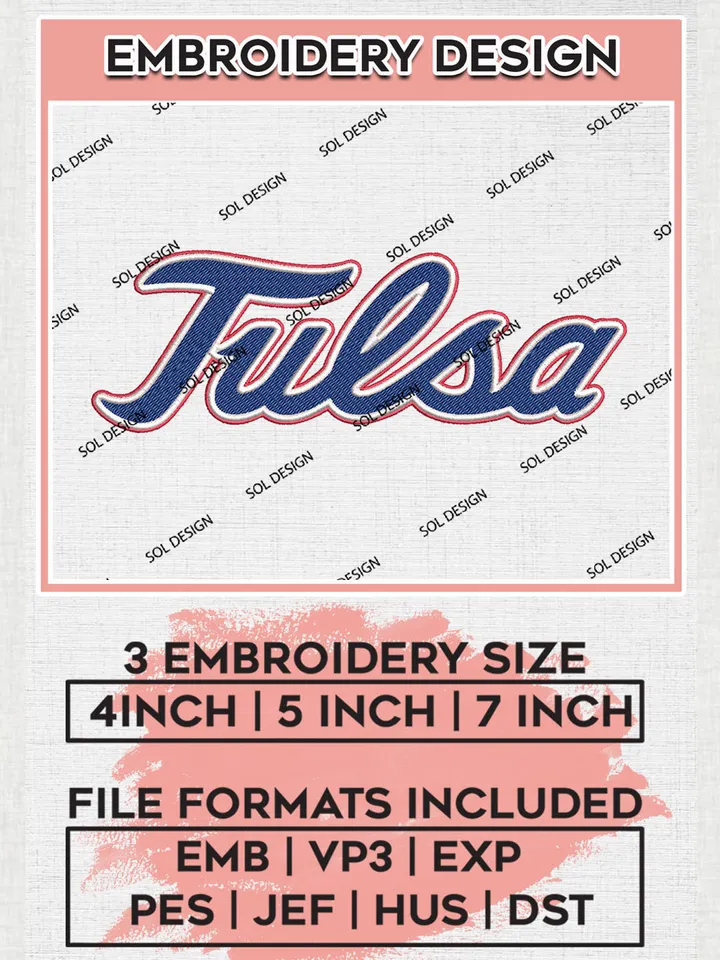 NCAA Tulsa Team Word Logo Embroidery Design Files, NCAA Tulsa Golden Hurricane Machine Embroidery, NCAA Teams, 3 sizes, NCAA Machine embroidery designs, Digital Download