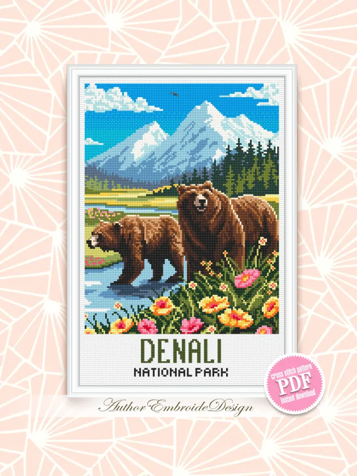Denali national park cross stitch pattern PDF download Bear cross stitch chart, Mountain landscape pattern digital PDF, Travel poster #L99