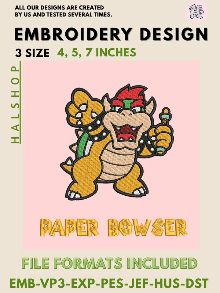Paper Bowser Machine Embroidery Design – Super Mario Villain Digital Embroidery File 🐢🔥