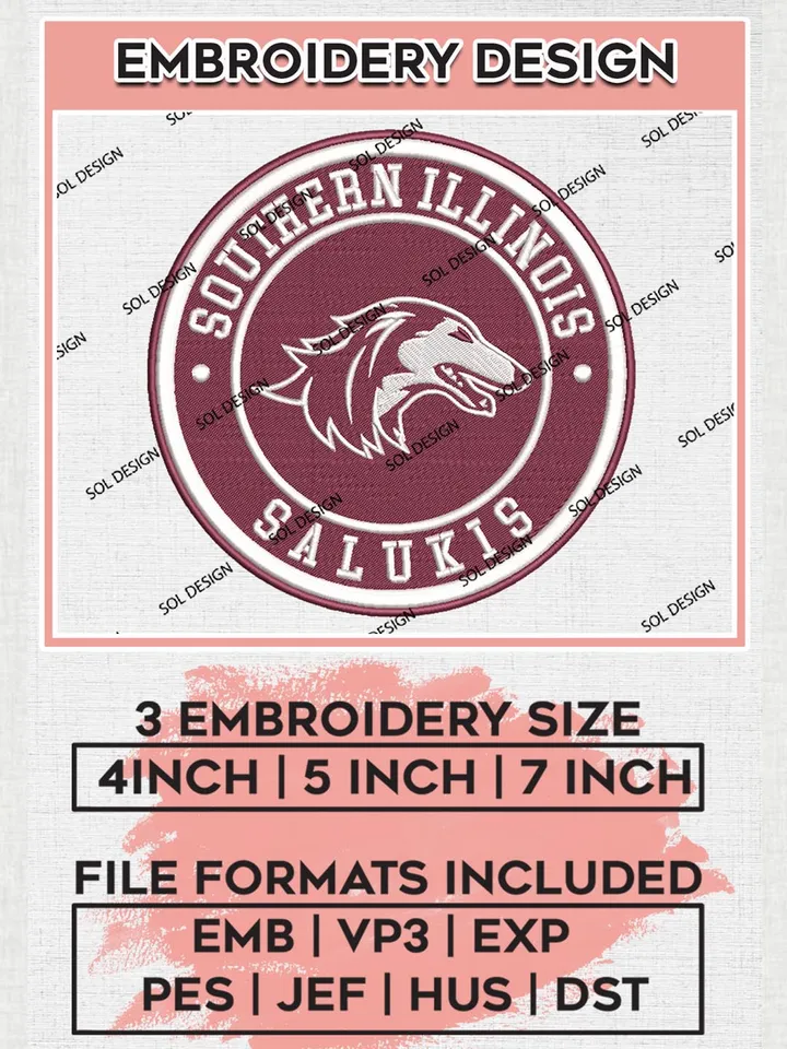 NCAA Southern Illinois Salukis Round Logo Embroidery, NCAA Southern Illinois Salukis Logo Embroidery files, NCAA Teams, Machine embroidery designs, Digital Download