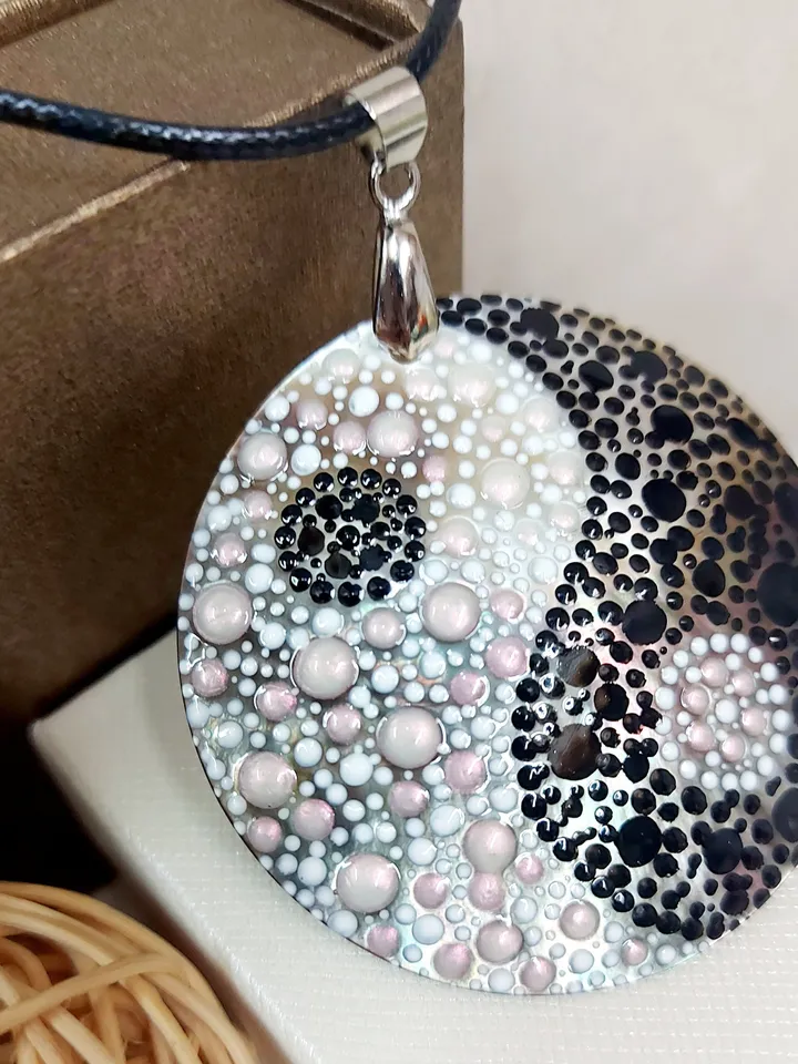 Illuminating Equilibrium: Hand-Painted Dotwork Yin Yang Pendant on Iridescent Mother-of-Pearl - Nacre Symbol of Ethereal Balance and Unity