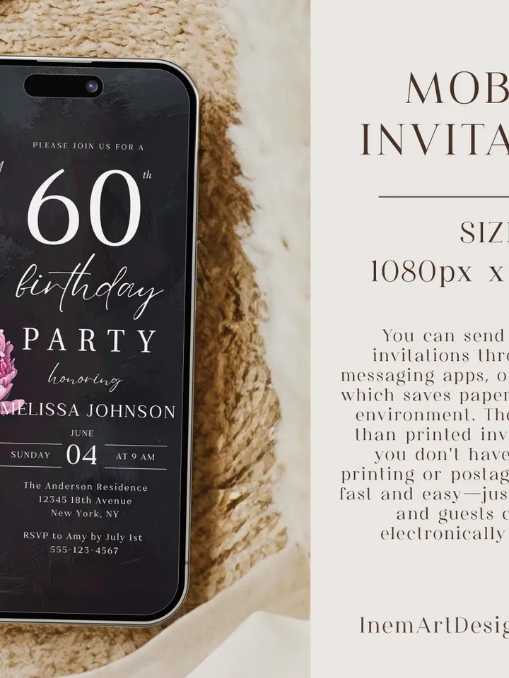 60th Birthday Invitation for women – Moody Burgundy & Blush Peony Floral Invitation, Elegant Dark Men Birthday Party Invite Canva Template