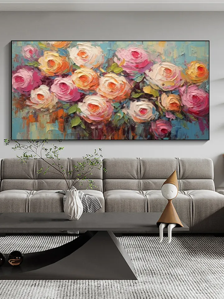 Original Roses Oil Painting On Canvas, Abstract Pink Flowers Painting, Large Wall Art, Home Decor, Custom Painting, Living room Wall Decor
