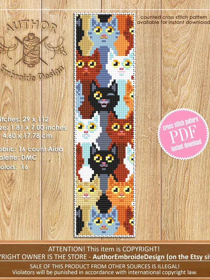 Cat bookmark cross stitch pattern PDF download Funny cats cross stitch chart, Modern handmade bookmark digital PDF, Cat lover gift #B199