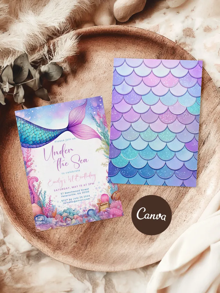 Editable Under the Sea Purple Teal Little Mermaid Birthday Invitation Birthday Invite Invites Printable Canva Template Instant Download