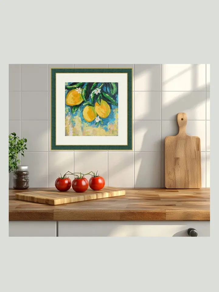 Original Oil Painting of Lemons on a Branch – Fresh Citrus Mini Art Bright Kitchen Wall Decor