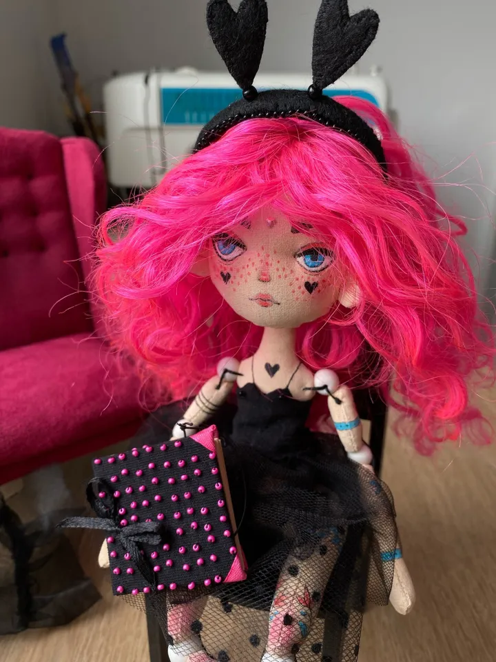 Librarian doll with pink hair and tattoo. Bookworm doll with cat