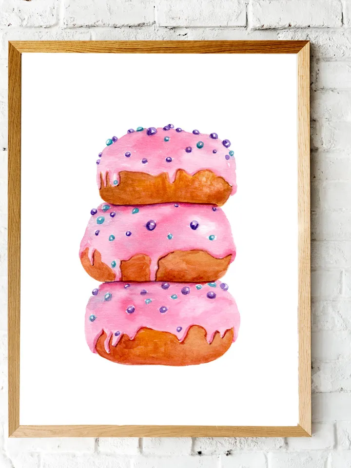 Pink Donuts Sweet Watercolor Painting Print, Food Illustration, Breakfast Art, Candy Sweet, Dessert Painting,Donut Gift Print, Kitchen Print